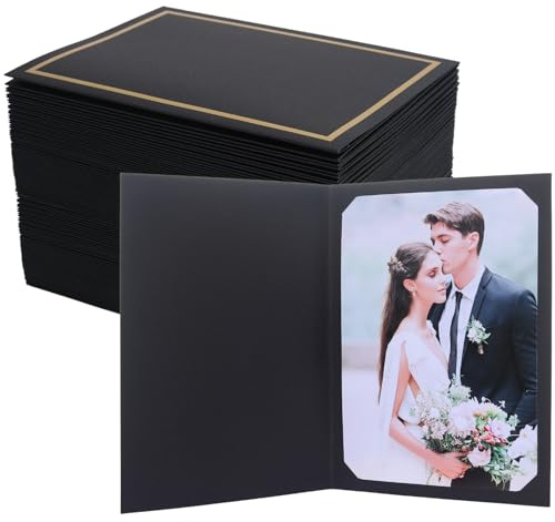 Apprabbr 100 Pcs Photo Folders for 4x6 or 5x7 Pictures,Paper Picture Frames, Cardboard Greeting Photo Frame Cards for Christmas New Year Wedding Birthday Classroom DIY (Black with Gold Foil)