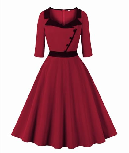 Wellwits Women's Collared Button 3/4 Sleeves 1940s Vintage Dress Wine XL