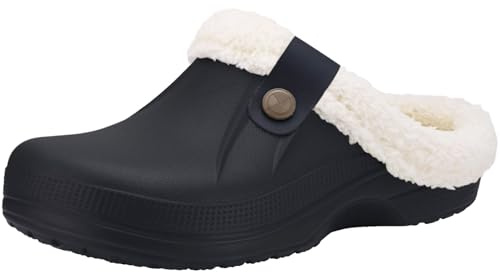Zuecos Mujer Hombre Zapatillas Casa Invierno Zapatos de jardín Comodidad Suave Interior y Exterior Pantuflas Antideslizantes Impermeable, Negro-Blanco, 38/39 EUTag 39/40