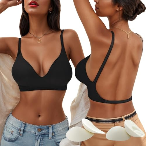 QKEPCY Soutien Gorge Dos Nu Invisible Femmes Soutien Deep V Push Up sous Vêtements Soutien-Gorge sans Coutures Bretelles Convertible en Soutien-Gorge Dos Nu Multiway Halter