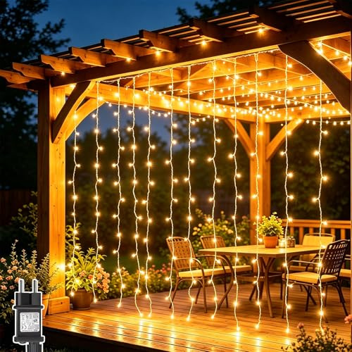 Dekofun 2 Pezzi Tenda Luminosa 3M x 3M 300 LED Luci a Tenda con Presa, Timer, 8 Modalità, Impermeabilità IP65 Cascata di Luci per Esterno Interno Balcone Giardino MatrimonioTerrazzo - Bianco Caldo