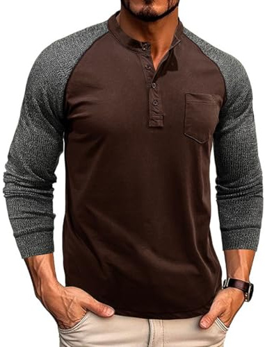 RQPYQF Camiseta Henley Hombre Deportivas Camiseta de Manga Larga Casual Camisa Henley de Manga Larga para Hombres CS44 (Café, M)