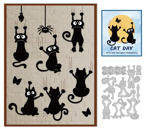 DELORIGIN Naughty Cats Cutting Dies Cat Catching Scene Card Making Die Cuts Carbon Steel Stencils Scrapbooking Embossing Template Dies for DIY Craft Album Halloween Festival Gift Decor