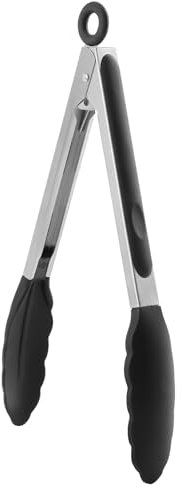 23 cm Pinza da Cucina Pinze Cucina Acciaio Inox Silicone Pinze da Cucina Manico in Silicone Resistente al Calore Pinza Barbecue Professionali in Acciaio ideali per Cucinare Grigliare (Nero)
