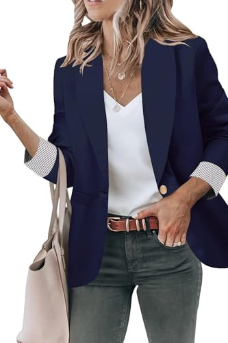 Genhoo Women's Open Front Long Sleeves Work Blazer Casual Buttons Jacket Suit Blazers Deep Blue Size X-Large