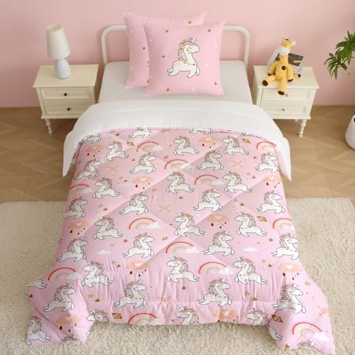 CINYE Juego de edredón para niños 140×200 con diseño de unicornio, edredón para todo el año para niñas - Edredón para las 4 estaciones con 2 fundas de almohada de 65×65 cm - Edredón acolchado de