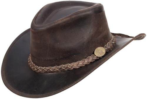 SCIPPIS Fitzroy Lederhut Herren Damen – Westernhut aus Rindsleder mit geflochtenem Hutband – formbare Krempe – Cowboyhut – Outdoor & Festival – Vintage-Look (DE/NL/SE/PL, Alphanumerisch, XL, Braun)