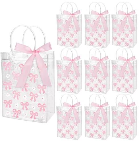 Dmnnlp Lot de 10 sacs cadeaux en PVC réutilisables avec nœud rose - 18 x 8 x 25 cm - Pour femmes, filles, demoiselles d'honneur, anniversaires, Saint-Valentin et fêtes de mariage