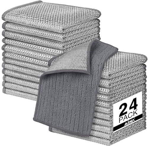 AIDEA Non Scratch Wire Dishcloth 24PK, Upgraded Wire Dishwashing Rag for Kitchen, Dual Sided, Dish Cloths for Washing Dishes, Cleaning Pads Steel Scrubber for Cookware, Sinks, Stove Tops, 7×8 Grey