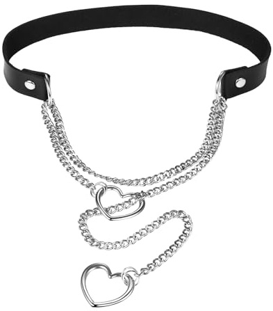 Flongo Hjärta Lariat Y-kedja för kvinnor: Gotiskt PU-läder halsband med rostfritt stål kubansk kedja – justerbar längd – choker med hjärthänge – svart läder silverkedja