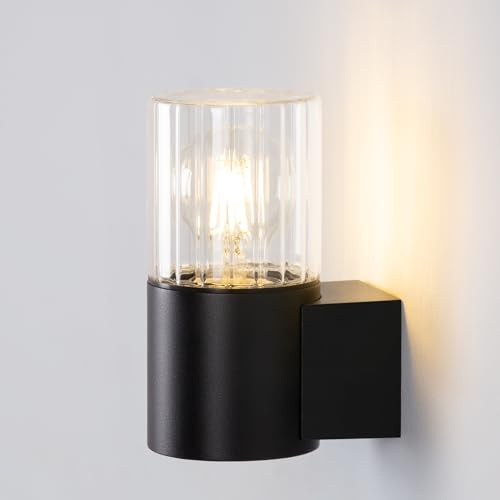 DAWALIGHT Aplique Exterior Negro, Lampara de Pared IP44 Impermeable con Vidrio Transparente, Base E27 (Foco No Incluido), Alimentación de Red para Patio, Jardín, Puerta Principal, Terraza