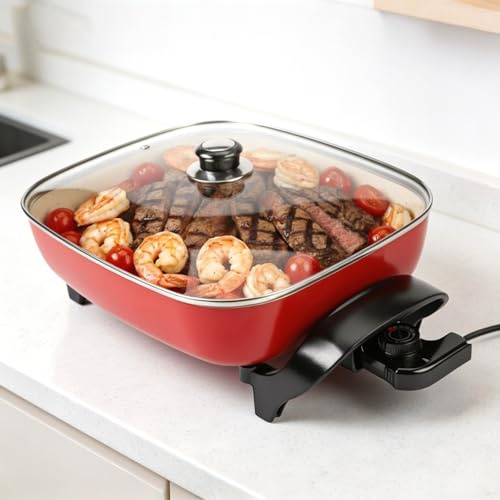 I-Keukenn 15'' Ceramic Nonstick Electric Skillet with Tempered Vented Glass Lid,Thermostat Control to Prevent Overheating,Removable Easy-to-Clean,Vibrant Red