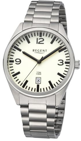 REGENT F-1606 Reloj para hombre, titanio, plata, 40 mm, con movimiento de cuarzo, fecha, 10 ATM, correa de titanio con cierre plegable