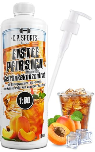 C.P. Sports Getränkesirup EISTEE-PFIRSICH für Mineraldrink mit Vitaminen I Sirup ZUCKERFREI* für Vital-Drink I Getränkekonzentrat zum Mixen mit Wasser für Getränk 1 Liter + Pumpspender