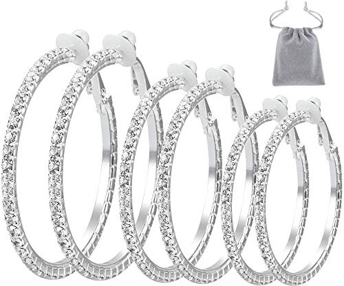 Elicola Lot de 3 paires de boucles d'oreilles créoles à clip avec oxyde de zirconium pour femme et fille Argenté 35-55 mm, 1, Acier allié Argent Zircone cubique, Zircone cubique