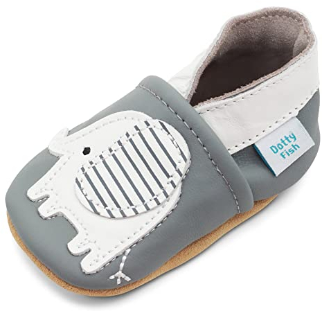 Dotty Fish Krabbelschuhe aus Leder – rutschfeste, weiche Sohle, Barfußgefühl, Lauflernschuhe & Babyschuhe für Jungen und Mädchen. Grauer Elefant. 18-24 Monate (23 EU)