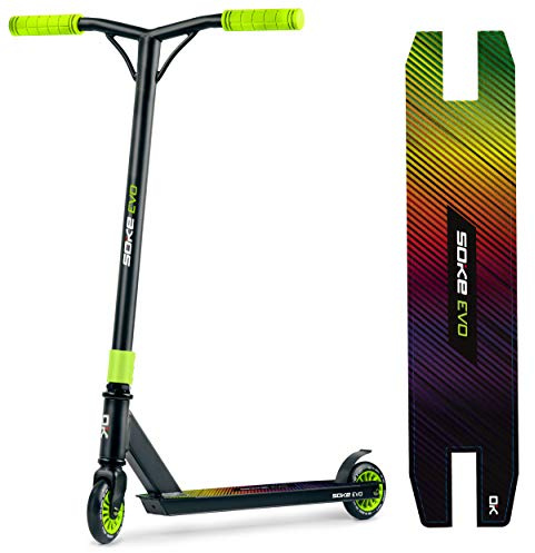 SOKE Evo Stunt Scooter für Extreme Skateparkfahrten – ABEC-9 Carbonlager aus verchromtem Stahl – PU-Räder 88A – Y-Bar-Lenker mit TPR-Griffen – Aluminium-Deck grün