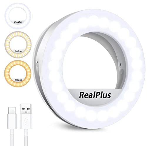 RealPlus Aro de Luz para Movil, Selfie Ring Light con Clip, Regalos para Mujer, Recargable, 40 LED y 3 Modos de Luz, Anillo Luminoso para Teléfono, Tableta, iPhone, TikTok, Makeup LED