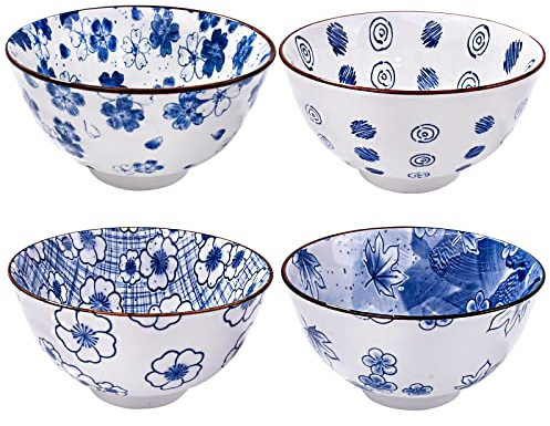 LMRLCS Ceramic Rice Bowls Set of 4 White and Blue Rice Bowls Porcelain Cereal Bowl Perfect for Soup Cereal Sushi Sauce Oatmeal Fruit Rice Microwave and Dishwasher Safe
