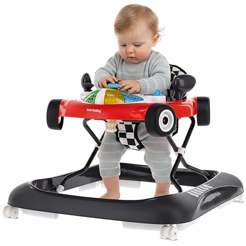 Sun Baby Lauflernhilfe Gehhilfe für Baby Walker, Automotiv interaktiv und faltbar mit Sicherheitsstopper, Tasten, Lichtern und Sound ab 6 Monaten (Rot)