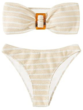 GORGLITTER Women's 2 Piece Strapless Swimsuit Striped Bandeau High Waisted Thong Bikini Set Bathing Suit Khaki