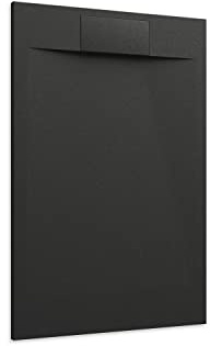 Piatto Doccia 80x140 Nero Effetto Pietra Mod. Cosmos Rettangolare in Vetroresina SMC Riducibile Piletta Inclusa e Cover In Tono Parama