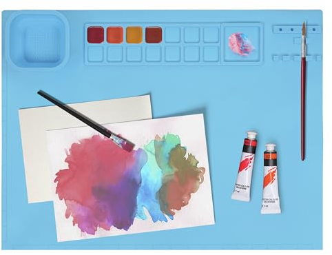 Winter Shore Blaue Silikon Bastelunterlage Kinder - Mit Faltbarem Magnetbecher, Pinselhaltern, Linealen - Rutschfeste Schreibunterlage Kinder zum Blue Silicone Art Mat with Paint Cup