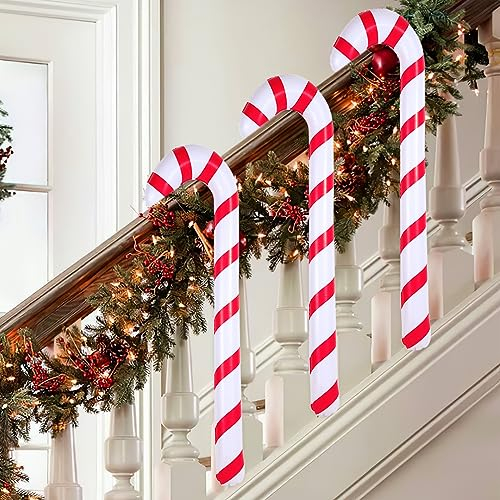 3 Pezzi Bastoncini di Zucchero Natalizi Gonfiabile 90 cm, FUKPO Novità Bastoncino di Zucchero di Natale Giganti per Decorazioni Natalizie Esterno Interno Addobbi Natalizi per Ricorrenze(Rosso Bianco)