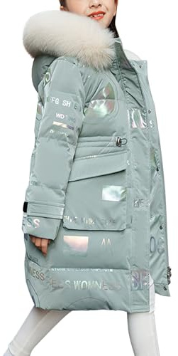 De feuilles Kids Girls Hooded Padded Coat Winter Warm Mid-Length Jacket Solid Color Shiny Letter Print with Faux Fur Hooded Green,9-10 Years