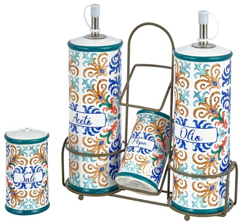 Baroni Home Menage Öl Essig Salz Pfeffer aus Keramik mit Ständer aus Metall, bunt, strapazierfähig, Linie Capri, 21 x 8 x 22 cm