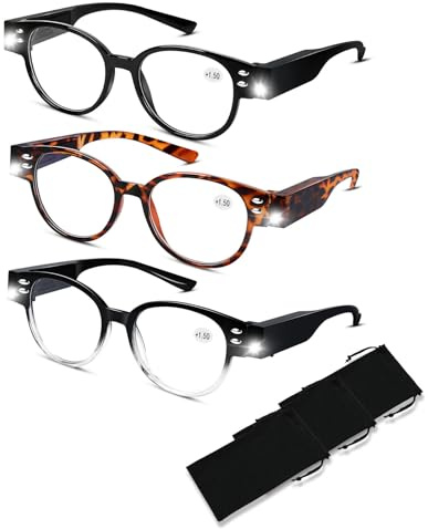 3 Pack Lighted Reading Glasses Bright LED Readers with Lights Reading Glasses with Light and Magnifying Blue Light Blocking Glasses for Men Women Eyeglasses Lighted Magnifier Nighttime Reader+1.5