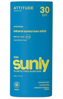 ATTITUDE Mineral Sunscreen Stick for Kids, SPF 30, EWG Verified, Plastic-Free, Broad Spectrum UVA/UVB Protection with Zinc Oxide, Dermatologically Tested, Vegan, Unscented, 60 g