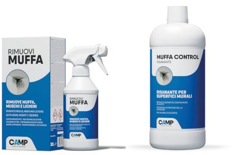 CAMP Trattamento Completo Rimuovi Muffa, 300 ml + Muffa Control Risanante, 1 L - Rimuove rapidamente muffe, muschi e licheni, Risana le superfici, Efficacia Duratura