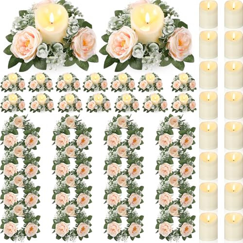 Yunlly Juego de 16 velas LED sin llama con anillos de vela de rosa, coronas, guirnalda de luz artificial de rosas artificiales de 3 pulgadas, velas votivas eléctricas falsas a granel, funerarias