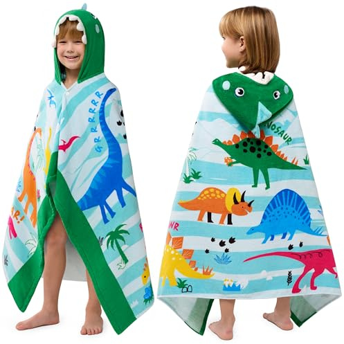 Joiedomi 125 x 75 cm dinosaurie huvhandduk för barn – mjuk bomullbadhandduk – för barn från 3–10 år – poolhandduk med huva – absorberande poncho handduk barn