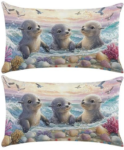 Set of 2 Rectangle Waterproof Cushion Covers, 12x20 inch Cute Beaver Outdoor Throw Pillow Covers Linen Lumbar Cushions Home Decorative Pillowcase for Sofa, Couch, Bedroom, Living Room, Garden C-907