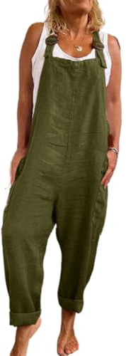 SaiDeng Salopette da donna con gamba larga, spalline regolabili, tuta in lino di cotone con tasche in stile casual workwear, verde, L
