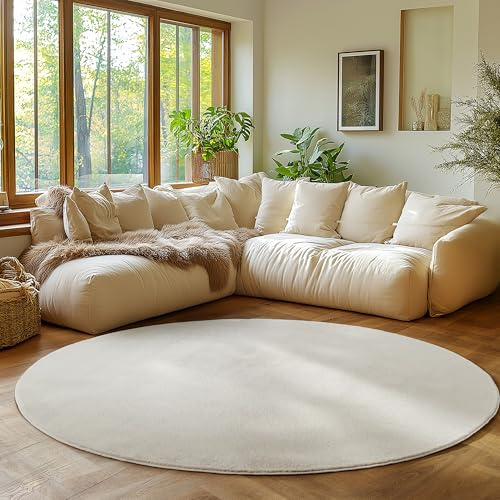 SIMPEX Runder Teppich Creme 160 cm Kurzflor Teppich Waschbar, rund, weich & rutschfest, modern einfarbiges Design für Wohnzimmer, Küche Schlafzimmer, & Kinderzimmer