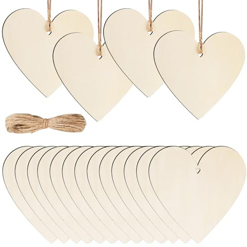 HOLDLEAF 24 corazones de madera con agujero, decoración de corazones de madera de 10 cm, colgante de madera en blanco para manualidades, pintar y decorar, decoración de boda, día de San Valentín