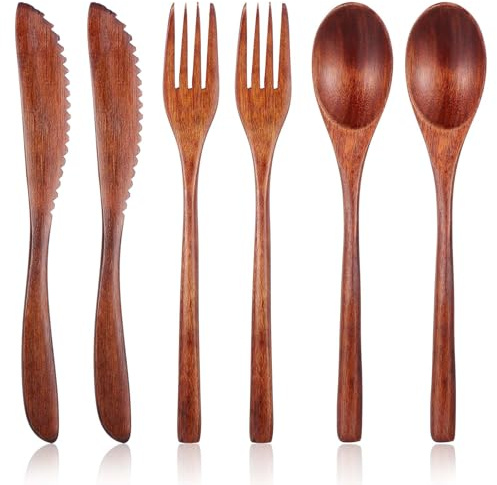 HJZHII 6PCS Wooden Utensils for Eating, Nanmu Wooden Spoons Forks Scraper Reusable Wood Utensil Set Flatware Tableware Cutlery Set for Daily Use Home Travel Camping
