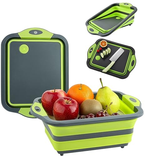 EAZYOO Camping Collapsible Washing Bowl with Cutting Board & Drain Plug – Multifunction Chopping Board, Wash Basin & Storage Basket – Foldable Dish Tub for Kitchen, Travel, Picnic & BBQ (Green Color)