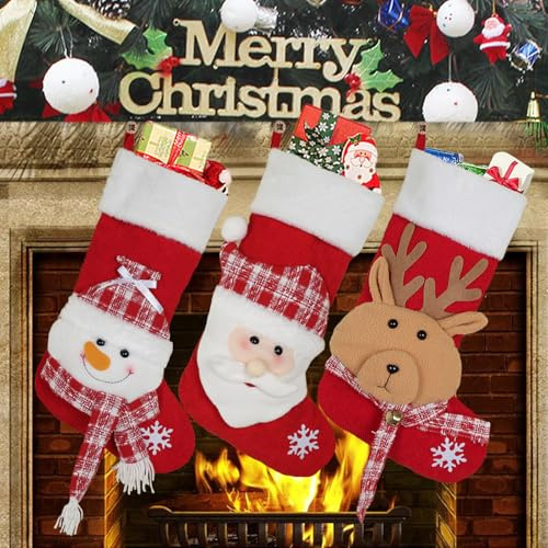 GugnRyAc Christmas Stockings 18 Inch 3Pcs - Xmas Stocking with Snowflake Santa, Snowman, Reindeer and Plush Faux Fur Cuff Stockings for Family Holiday Decor