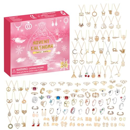 2025 julkalender, festlig överraskningsnedräkning barn smycken set ring halsband örhängen 24 delar set, perfekt som festgåvor för pojkar, flickor och klassrumsbelöningar (rosa)