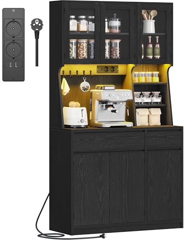 Hzuaneri küchenschrank, Buffetschrank, Hochschrank mit Steckdosen und Led-Lichtleisten, mit Arbeitsplatten und Zwei Schubladen, Verstellbare Einlegeböden, Küche, 40 x 100 x 180 cm, Schwarz PT00104XEU