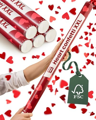 Partyjoker Lot de 5 Canons à Confettis Cœurs Rouge XXL - Extra Large 80cm - Jet de 5 à 8 Mètres
