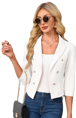 MODIURBAN Blazer court pour femme - Manches 3/4 - Col à revers - Cardigan d'affaires - Boléro ouvert à l'avant (emballage réutilisable), blanc crème, L