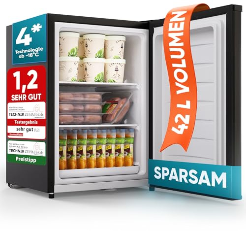 Stillstern Mini Gefrierschrank (42L) -18°C, Eiswürfelschale, Schloss, Türanschlag wechselbar, 4-Sterne Tiefkühlschrank für Camping/Büro Gefriertruhe Klein Gefrierschrank Klein Tiefkühltruhe Schwarz