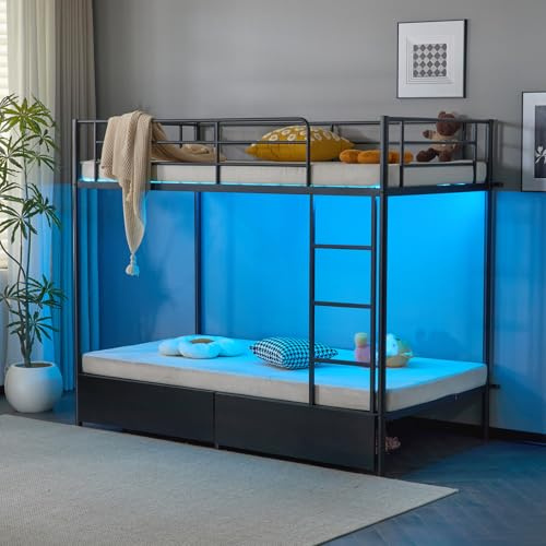 Bonnlo Metal Bunk Bed,Single over Single Loft Bed Frame with 2 Drawers & LED Light, 32cm High Full-Length Guardrail & Non-Slip Ladder, Space Saving High Sleeper Beds for Kids, Teens, Adults, Black