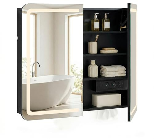 CLIPOP Spiegelschrank Bad mit Beleuchtung,Badezimmer spiegelschrank mit Spiegel und Steckdose, Entfogging-Funktion, badezimmerschrank mit 2 Türen, 80cm Breite,Öffnung für Taschentuchboxen,Schwarz