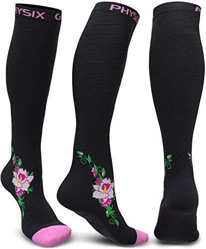 Physix Gear Sport Kompressionsstrümpfe Damen & Herren Stützstrümpfe (20-30mmHg) für Wassereinlagerungen, Flugreisen & Sport Kompressionssocken Langlebige Laufsocken Compression Socks PINK BLUME XXL